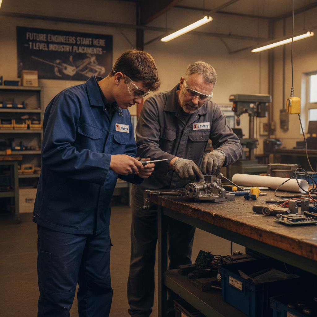 A student in workwear and safety glasses working alongside a mentor at an engineering workbench, illustrating a T Level industry placement