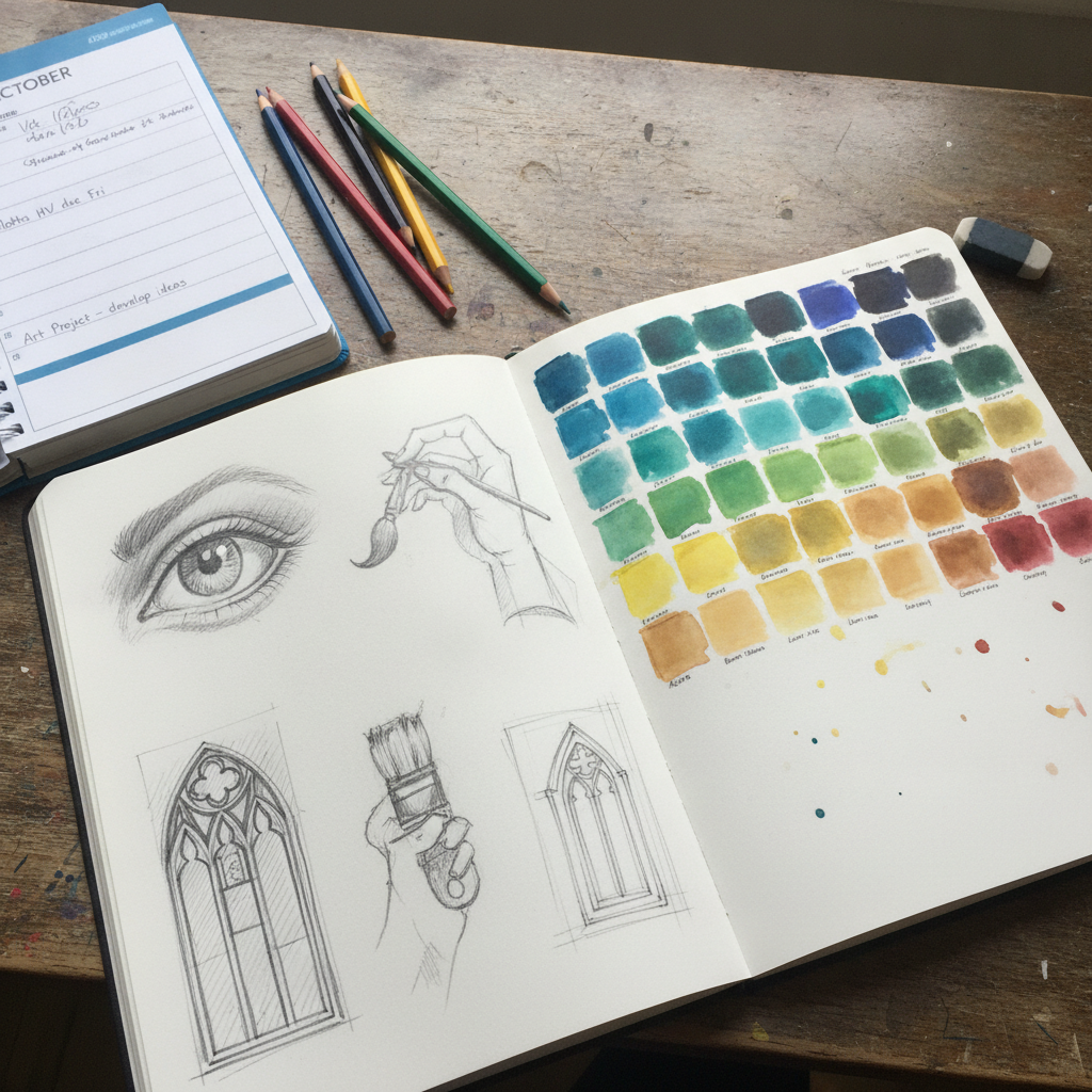 A Year 10 student's open art sketchbook showing pencil studies and colour swatches, with a school planner and coloured pencils beside it on a wooden desk