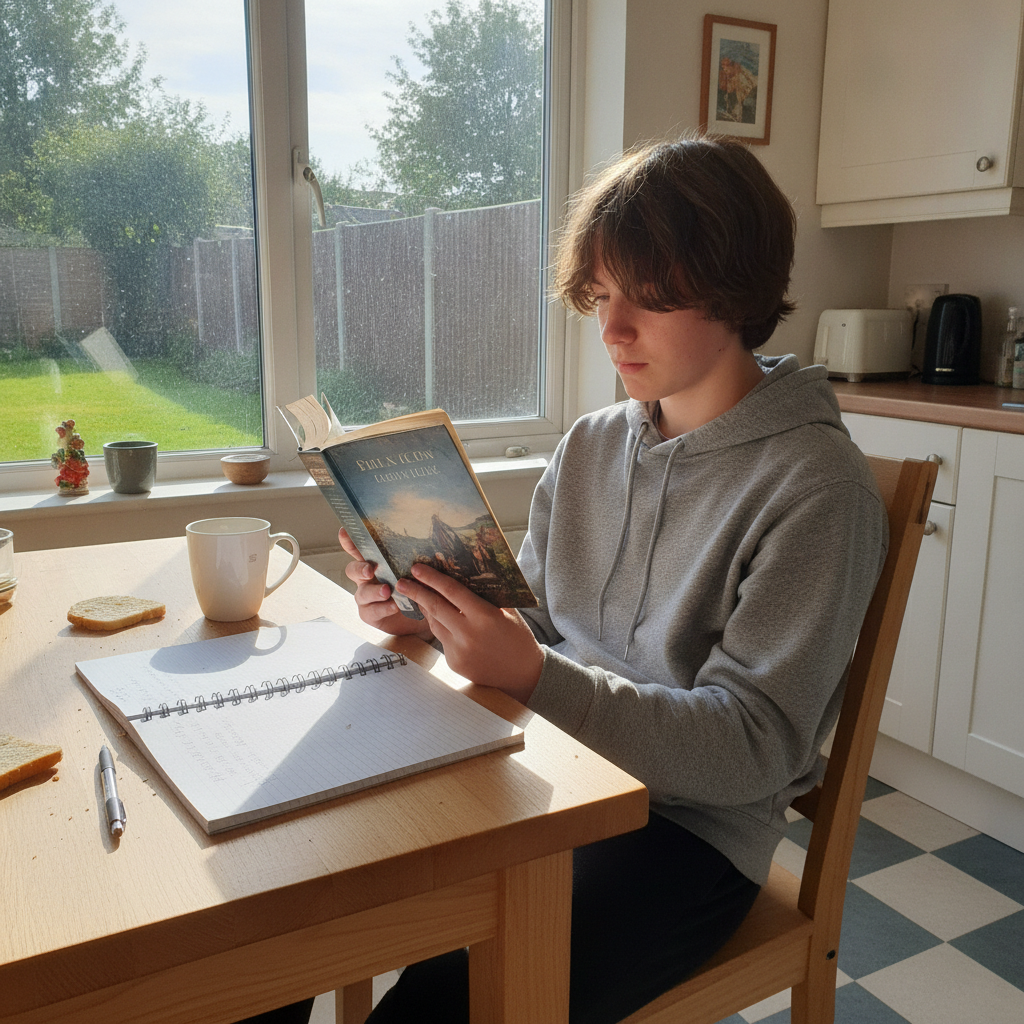 A teenager sitting at a kitchen table reading a paperback novel, with an open exercise book and pen beside them