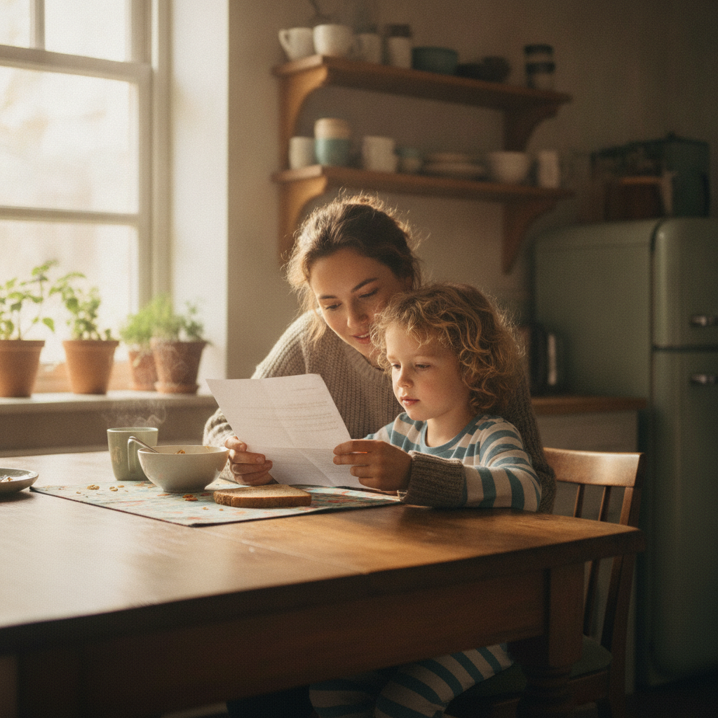 A parent and child sitting together at a kitchen table reading a school letter, warm natural light, calm domestic scene