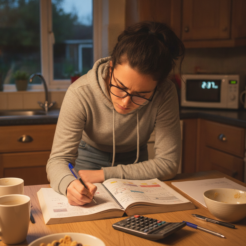 A sixth-form student working through chemistry calculations at a kitchen table, with a textbook, calculator and notebook visible