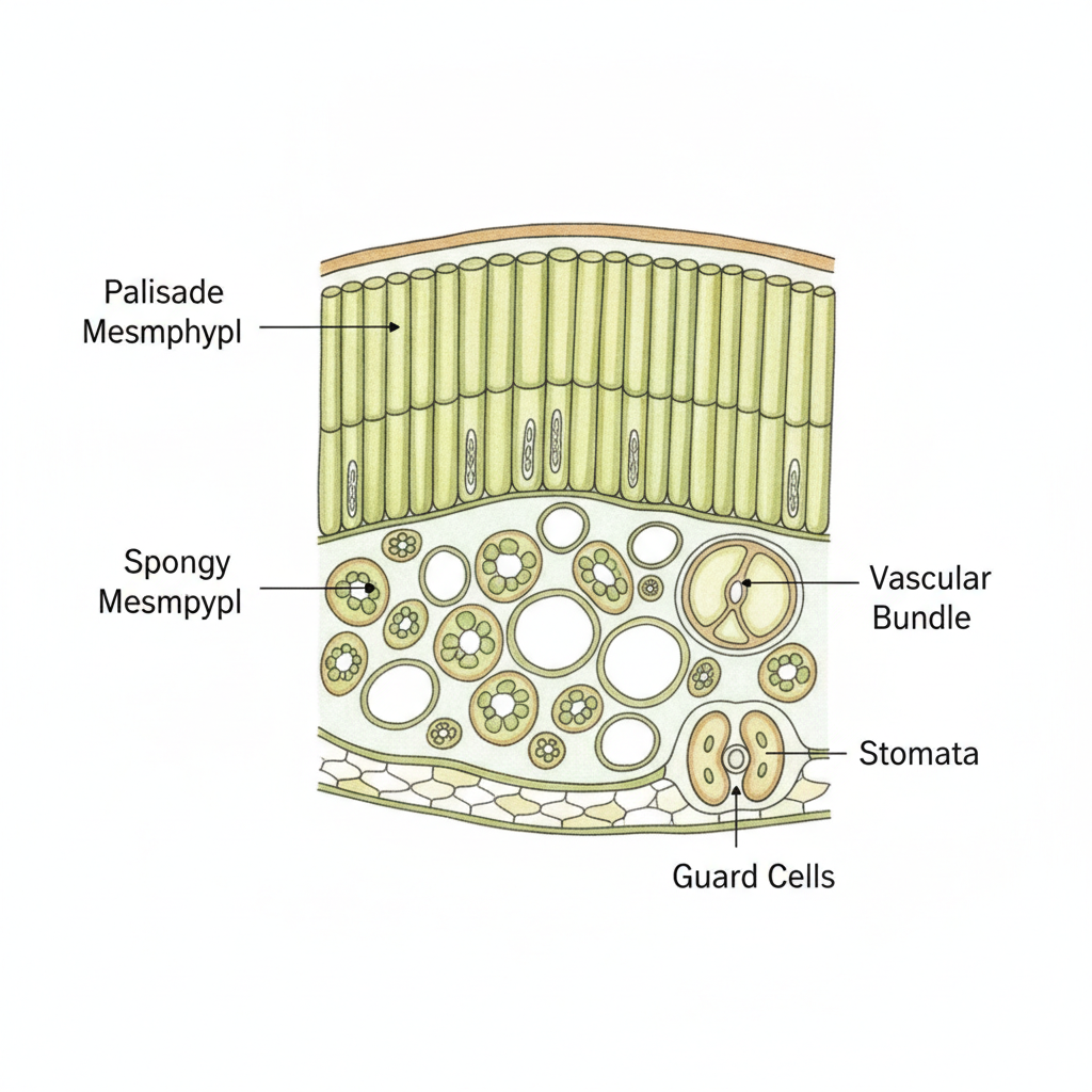 Cross-section diagram of a leaf showing labelled palisade mesophyll, spongy mesophyll, stomata, guard cells and vascular bundle