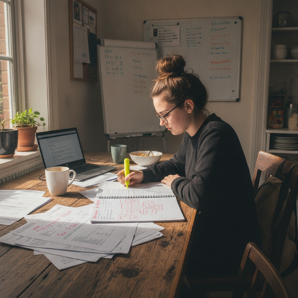 A Year 13 student working through past exam papers at a kitchen table with a highlighter and revision notes