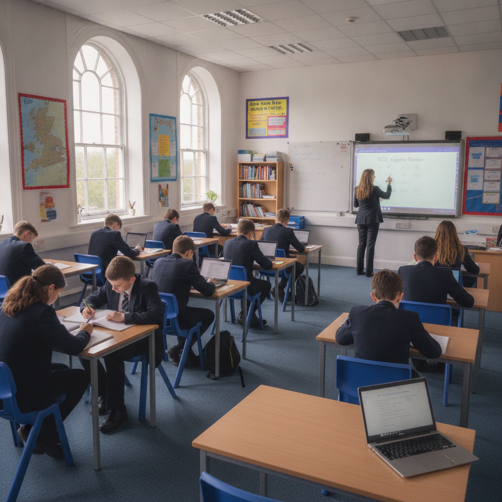 A calm classroom in a UK secondary school with students working at desks, a teacher in the background writing on a whiteboard