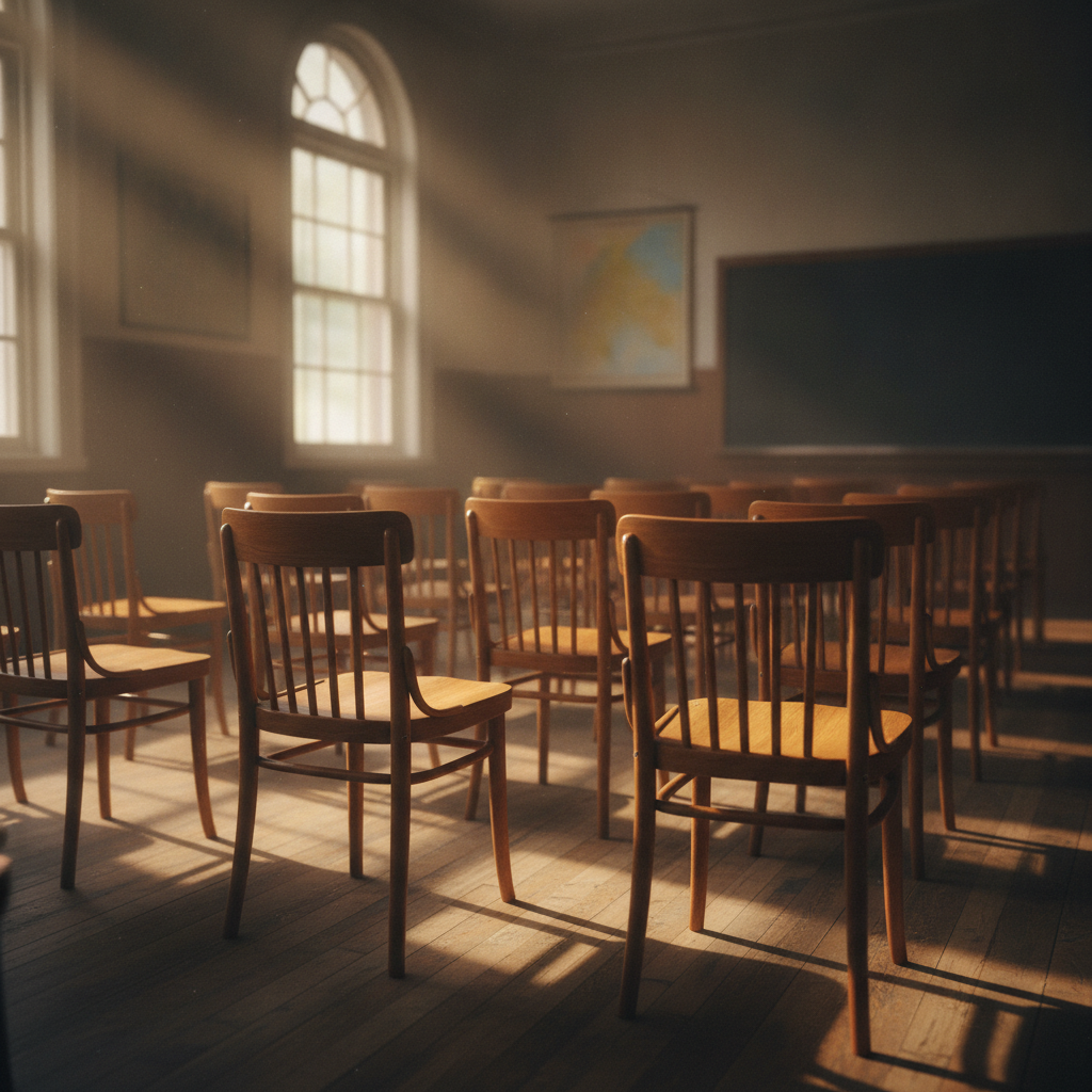 Empty wooden classroom chairs arranged in rows with morning light falling across them