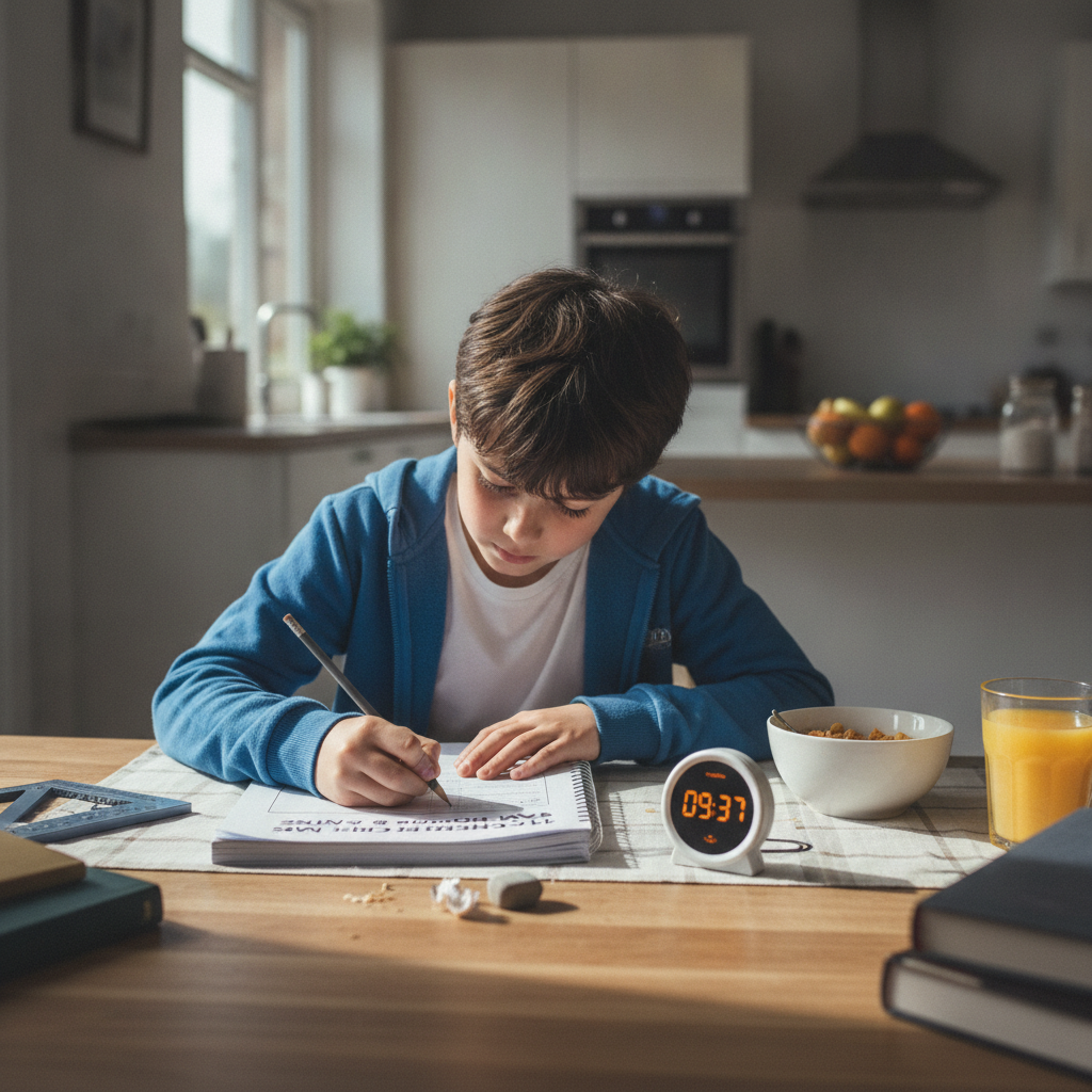 A Year 5 pupil at a kitchen table working through an 11-plus practice paper, with a pencil, timer and printed booklet