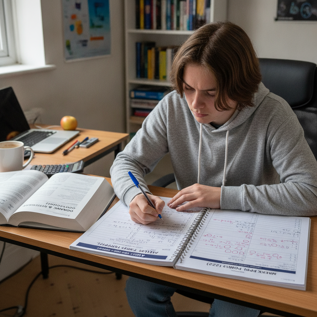 A Year 13 student at a desk working through a chemistry past paper with a textbook and mark scheme open beside them