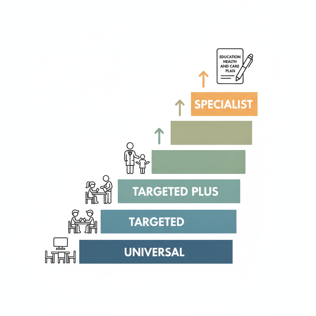 A diagram-style illustration showing four ascending support tiers labelled Universal, Targeted, Targeted Plus and Specialist, with icons representing a classroom, small group work, a specialist practitioner, and an Education Health and Care Plan document.