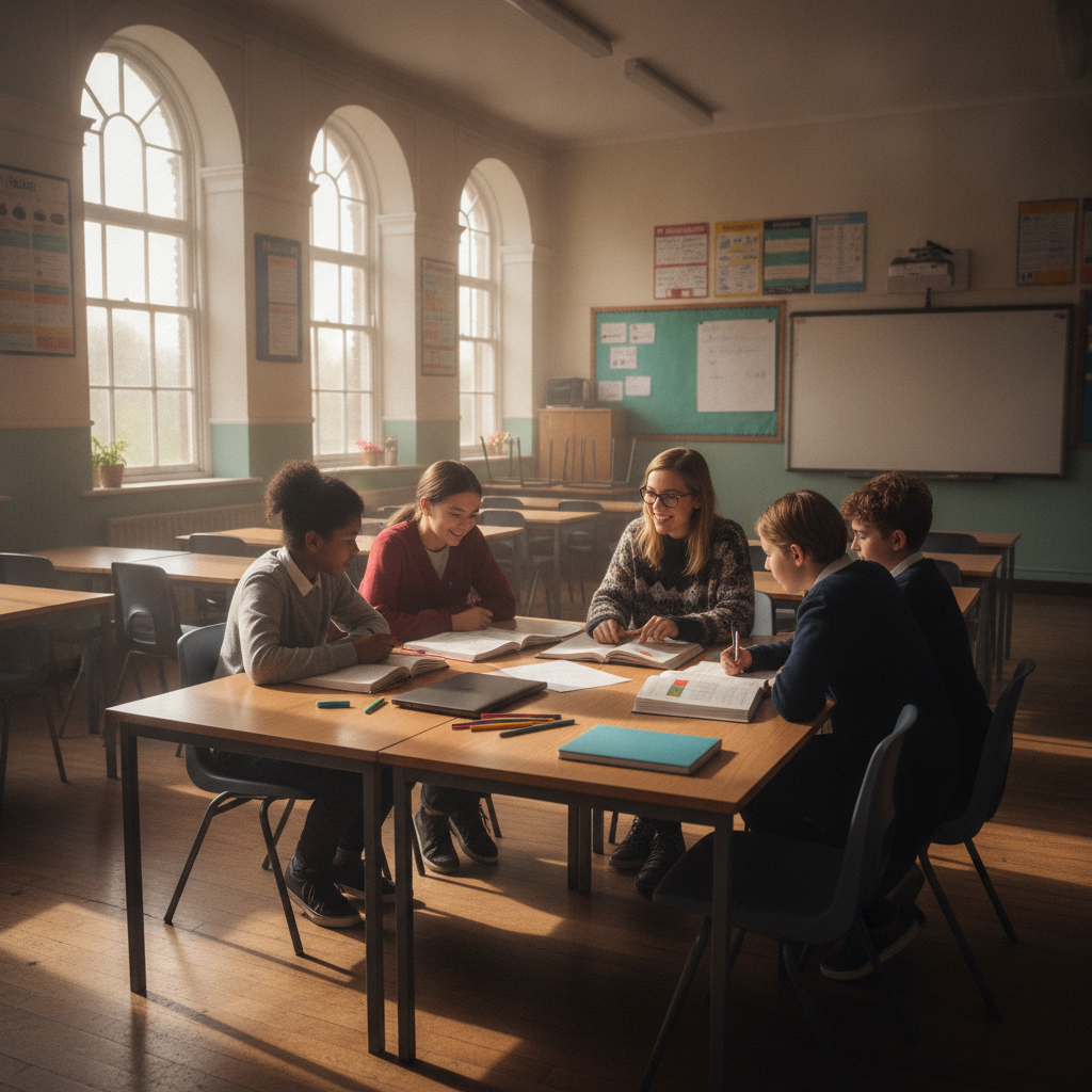 A secondary school classroom with a small group of pupils working together at a table with a teaching assistant, warm daylight through the windows