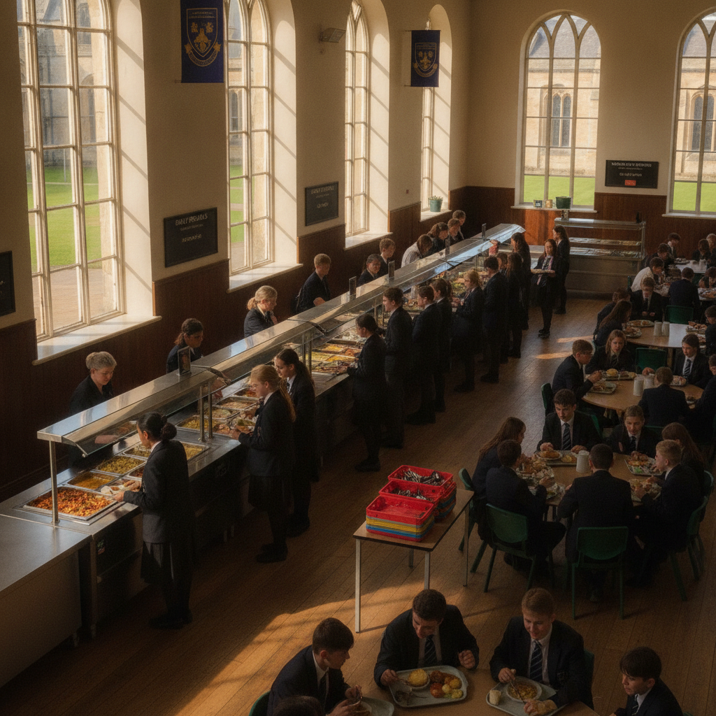 A UK secondary school canteen at lunchtime with pupils queuing at a serving counter, warm natural light through tall windows