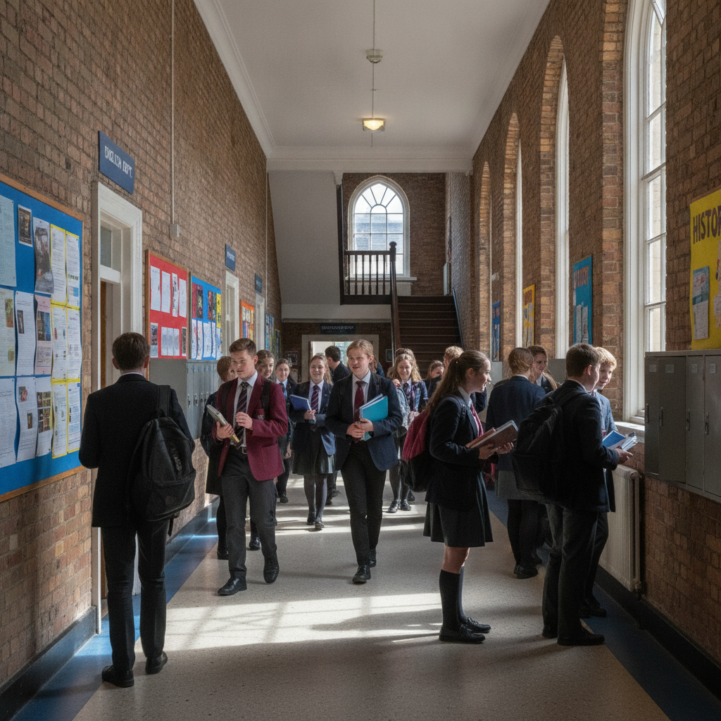 A UK secondary school corridor with pupils walking between lessons, natural daylight through tall windows