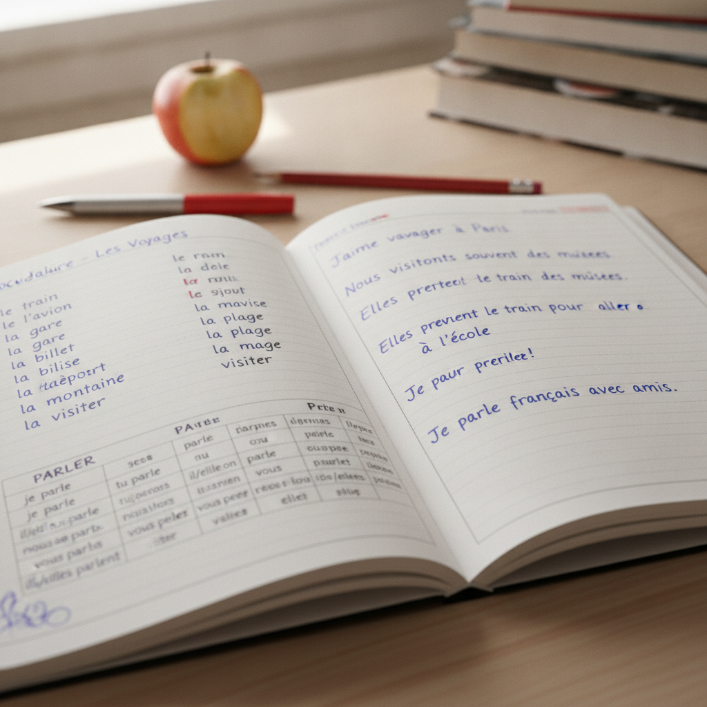 A Year 10 student's French exercise book open on a desk, with a vocabulary list, verb conjugation table and handwritten sentences visible
