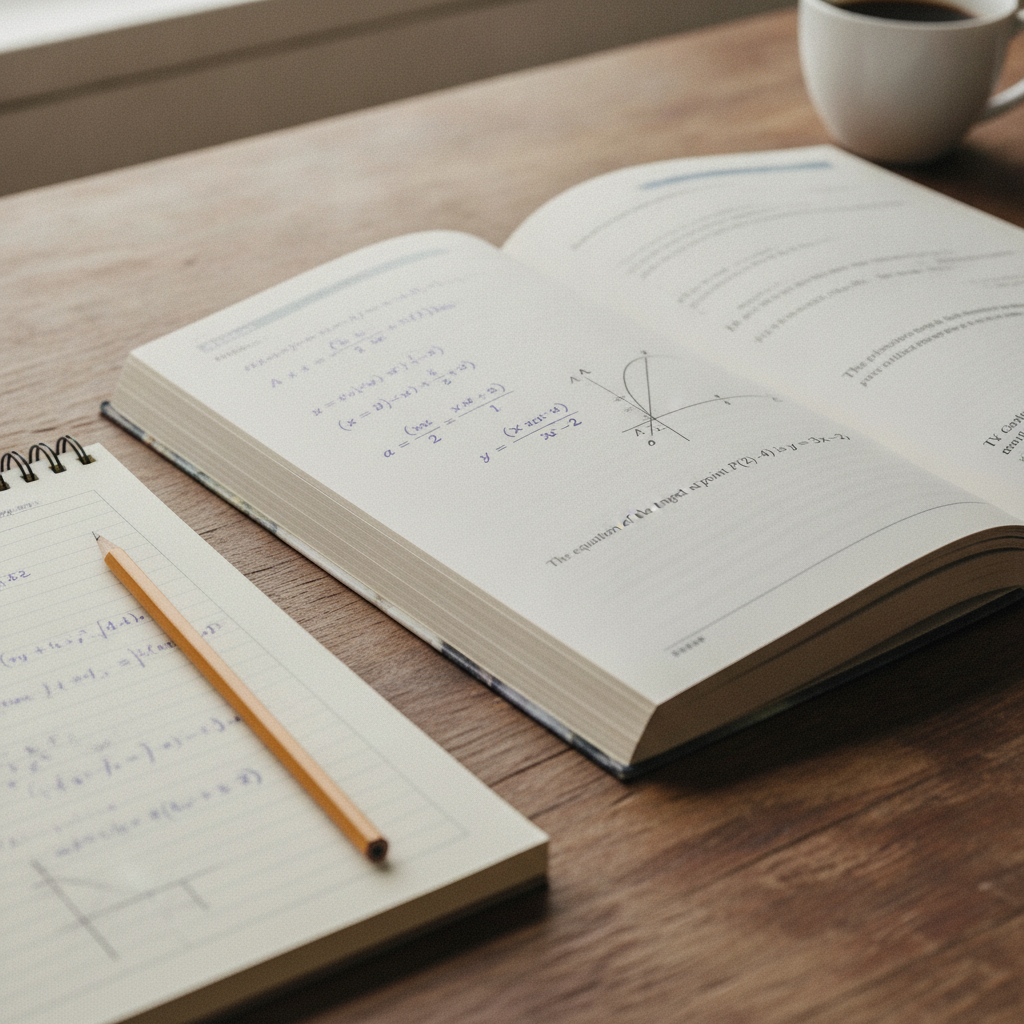 An open A-level maths textbook showing algebraic working and a coordinate geometry diagram, with a pencil and notebook beside it