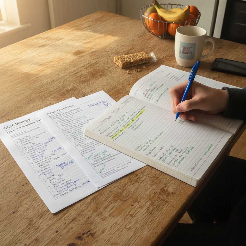 A Year 11 student's notebook open on a kitchen table, with a past paper and a mark scheme beside it, pen in hand mid-annotation