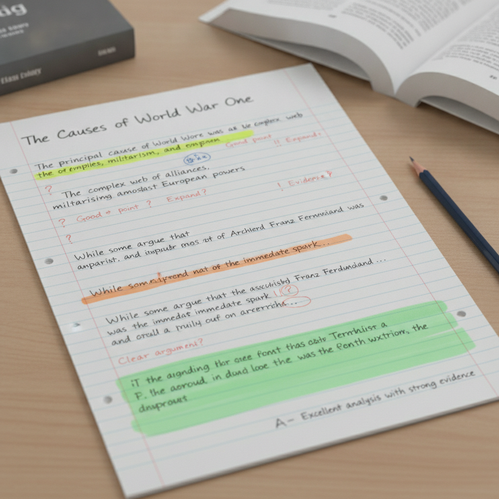 A neatly annotated GCSE history essay page with highlighter marks on the thesis statement, counter-argument paragraph and conclusion