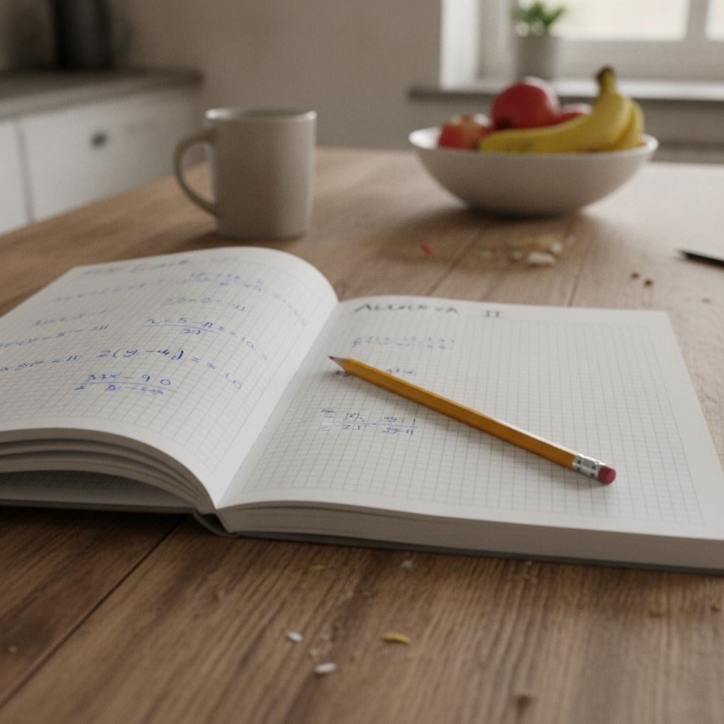 A secondary school maths exercise book open on a kitchen table, showing handwritten algebra working with a pencil resting on the page