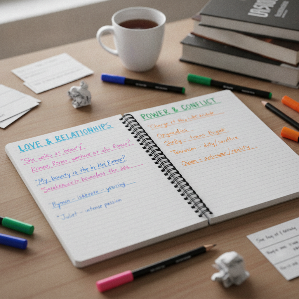 A Year 11 student's revision notebook open on a desk, showing colour-coded quotes grouped by theme with annotations in the margin