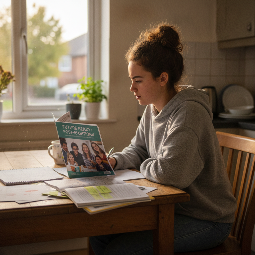 A Year 11 student at a kitchen table reviewing a sixth-form prospectus and GCSE revision notes, soft daylight through a window