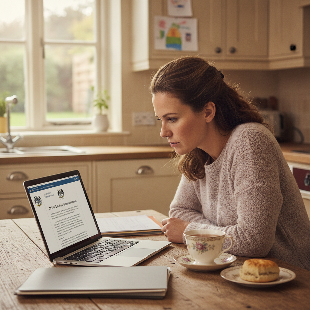 A UK parent sitting at a kitchen table looking at a laptop screen, reviewing a school inspection report with a cup of tea beside them.