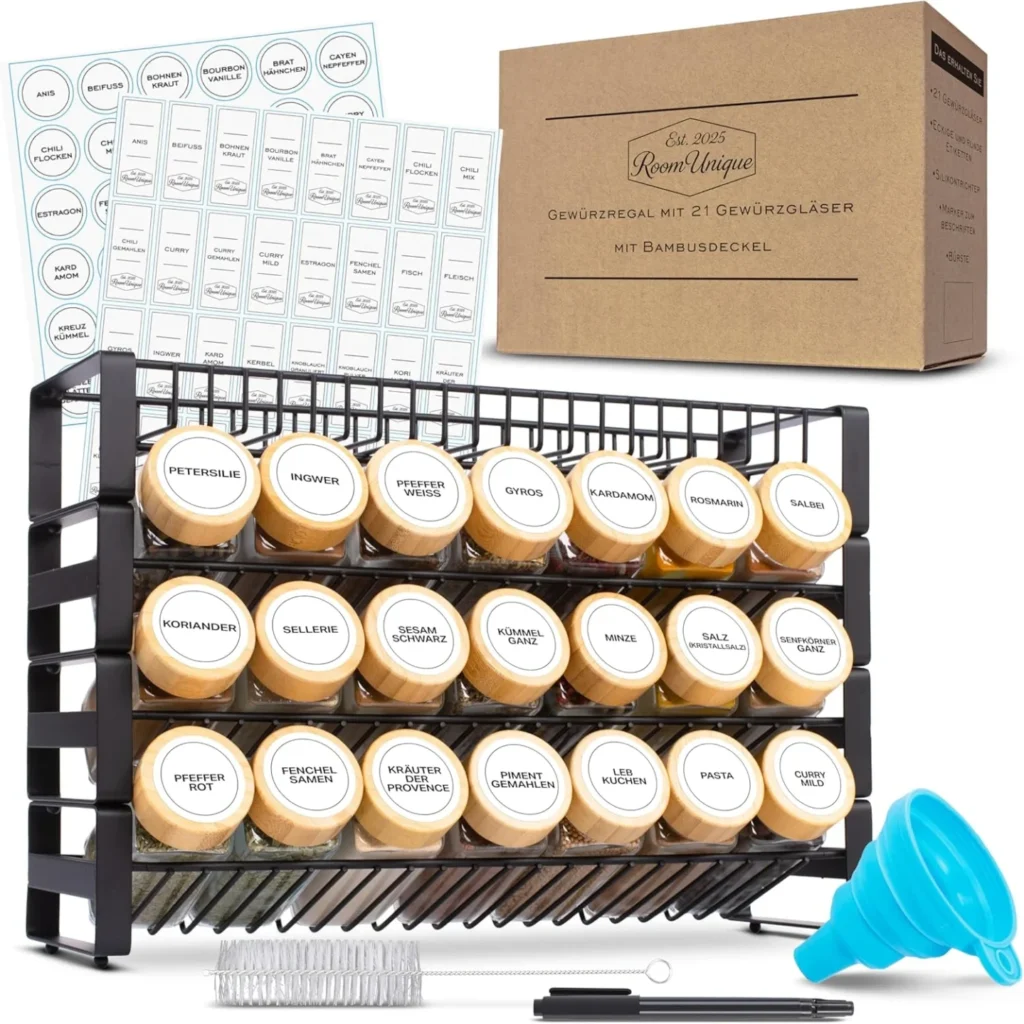 ROOMUNIQUE Scaffale per spezie + 21 barattoli