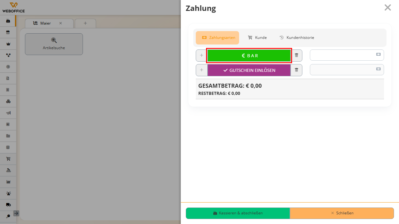 Barzahlung auswählen