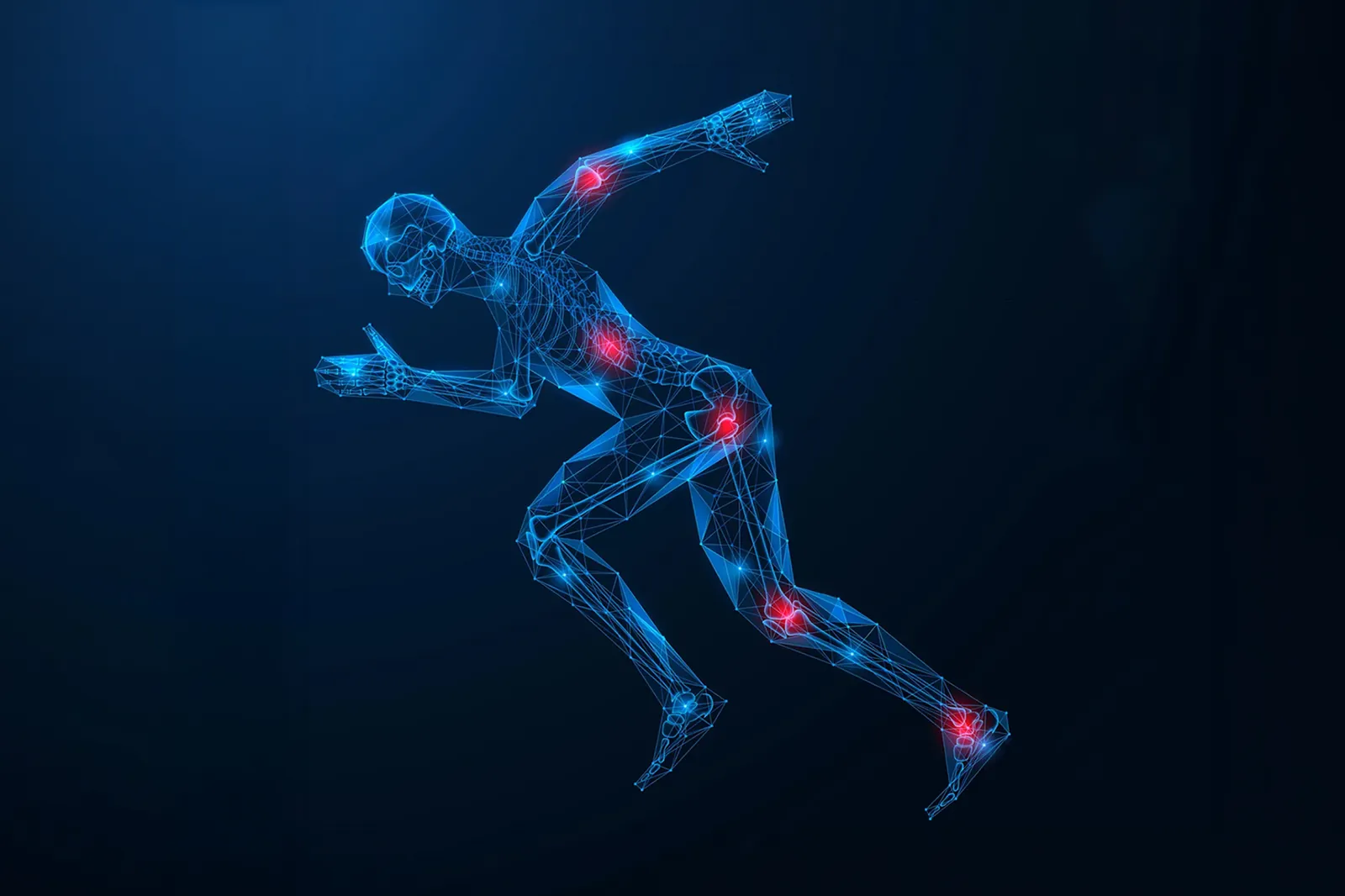 Blaue Skelett-Illustration mit roten Markierungen zeigt Schmerzpunkte an Gelenken und Wirbelsäule bei der Laufbewegung.