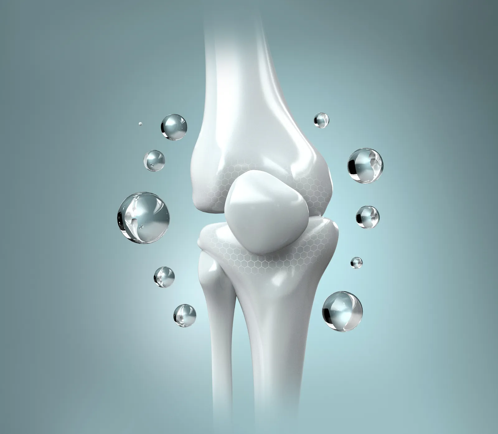 3D-Illustration eines Kniegelenks, umgeben von schwebenden Wirkstoff-Sphären auf hellem Hintergrund.