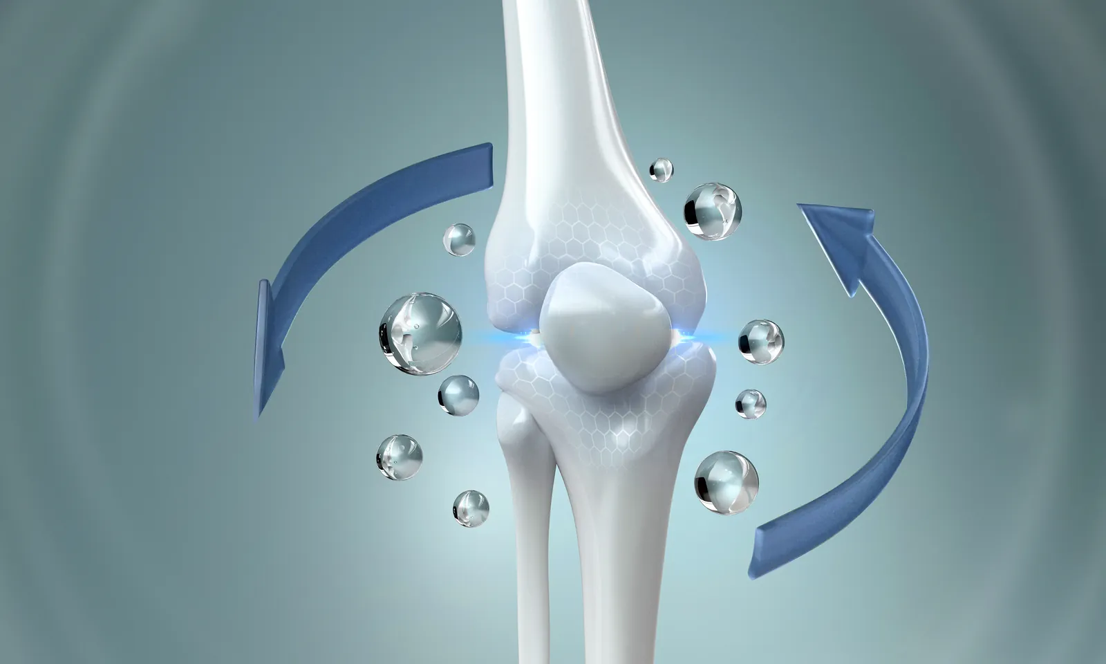3D-Darstellung eines Kniegelenks mit blauen Pfeilen als Bewegungssymbol und schwebenden Nährstoff-Sphären.