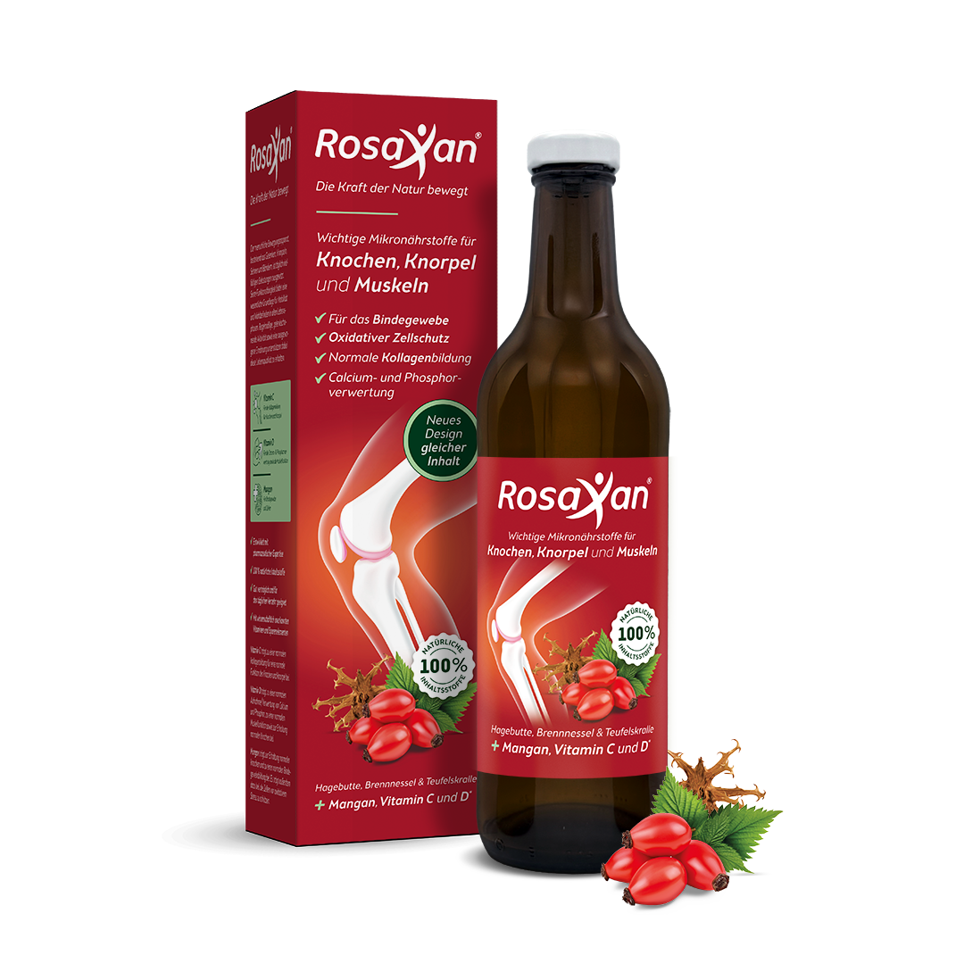 Rosaxan Flasche mit der Umverpackung und den drei Pflanzenstoffen Hagebutte, Brennnessl und Teufelskralle