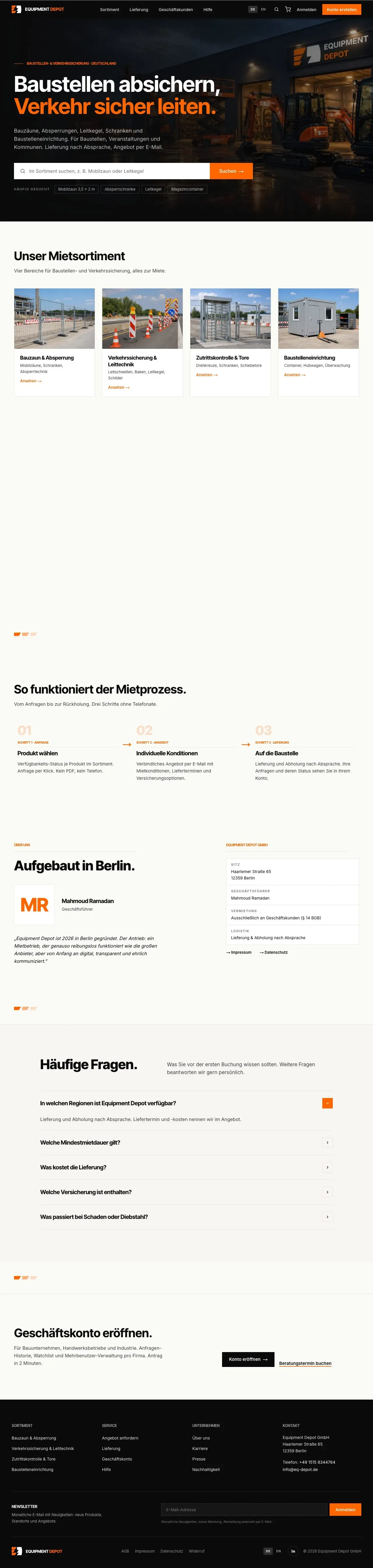 Equipment Depot, Miet- und Katalogplattform für Baustellensicherung