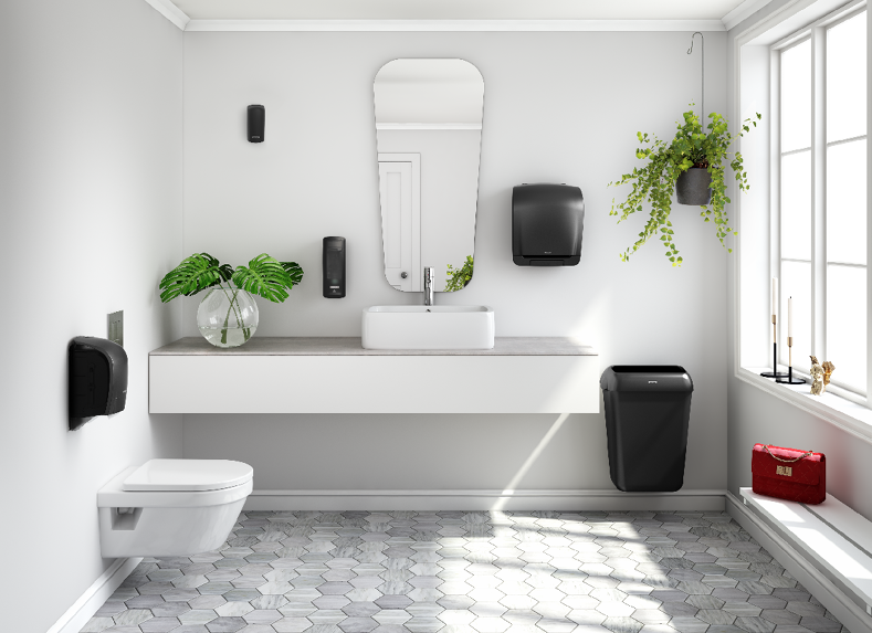 Modern bathroom interior with black dispensers and plants