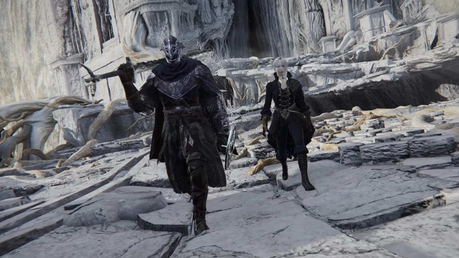 Two Character In Elden Ring Nightreign Walking Towards The Camera Through A Large White Stoned Courtyard Like Area