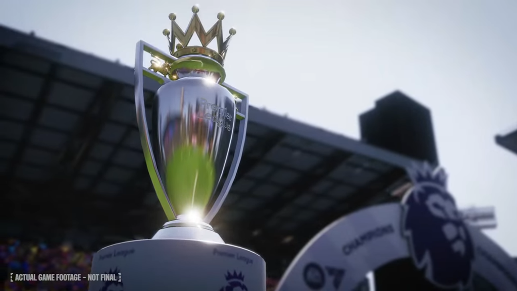 FM26 teaser video screenshot showing the Premier League trophy in the new match engine