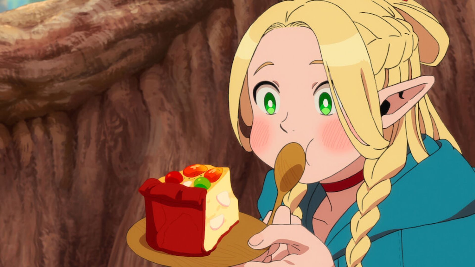 Marcille eating a meal in Delicious In Dungeon