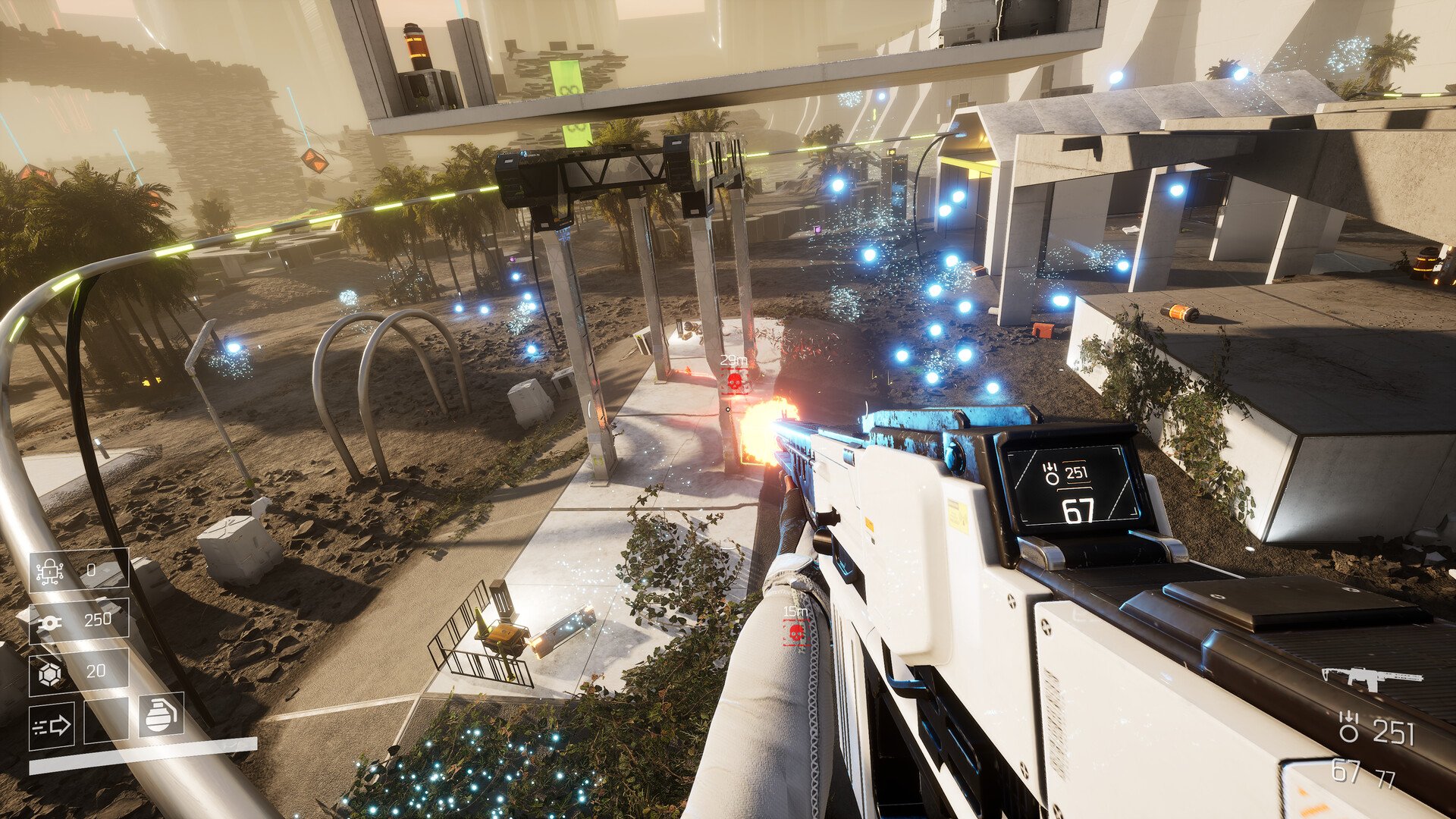 The main character of Void/Breaker fires at enemies while grinding on a rail.