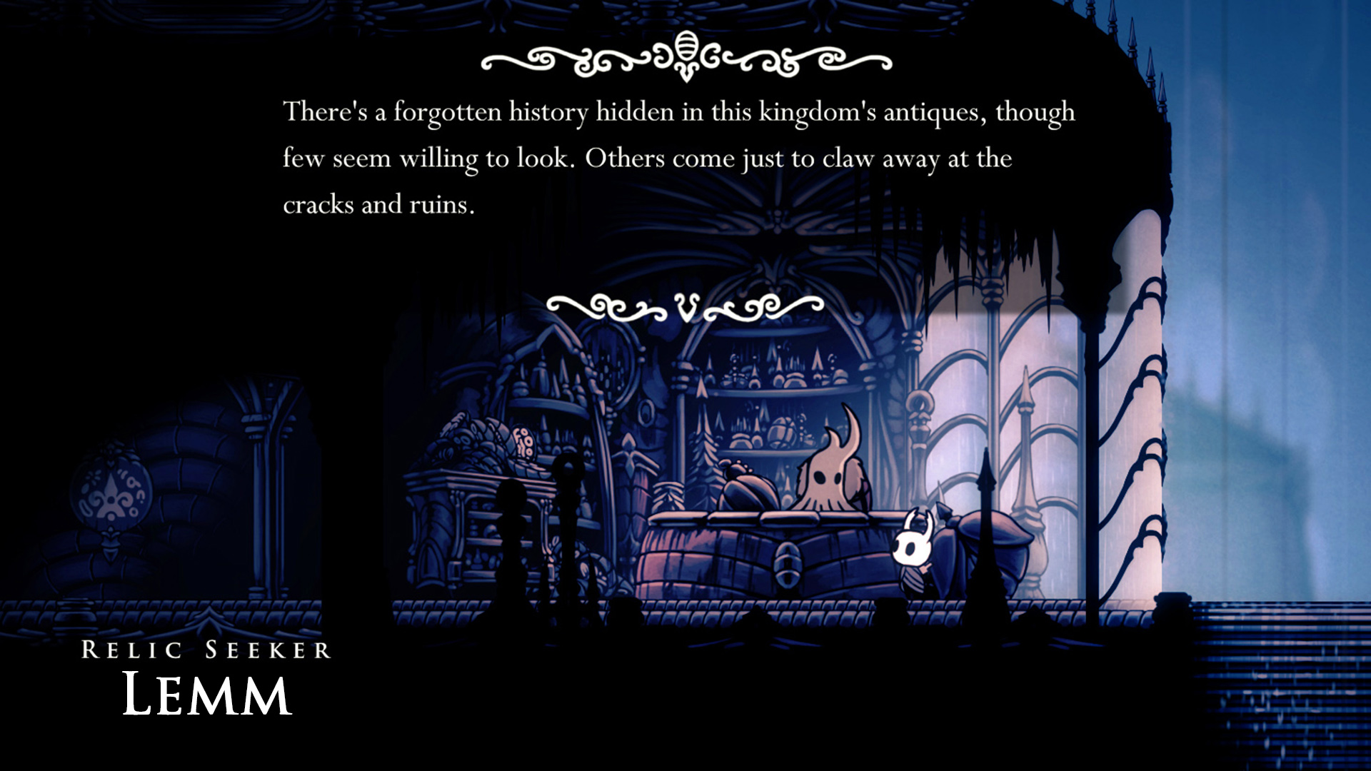 Relic Seeker Lemm in Hollow Knight tells the knight about the lore of Hallownest