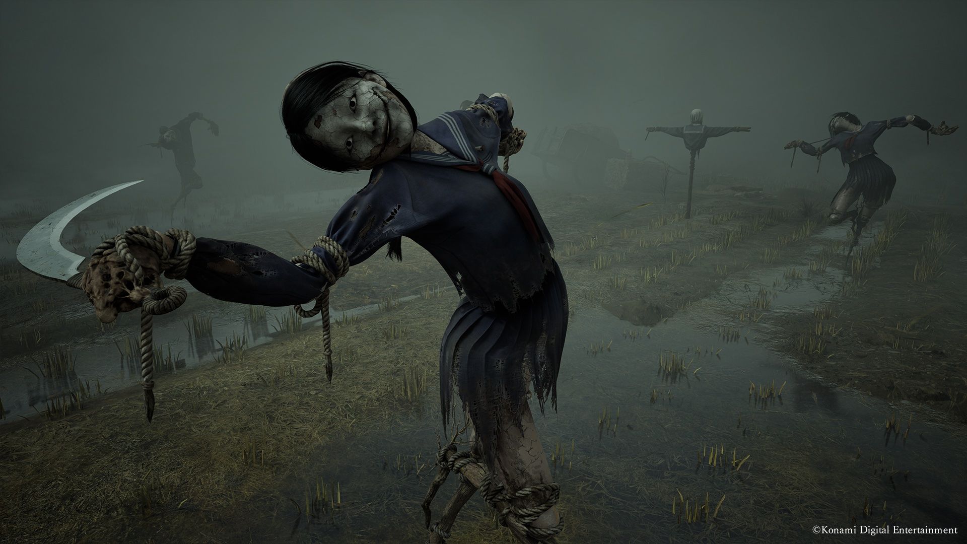 A scarecrow-like enemy in Silent Hill f, poised and ready to ambush.