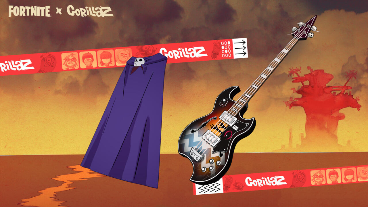 Murdoc's set of cosmetics includes a cape and a bass guitar.