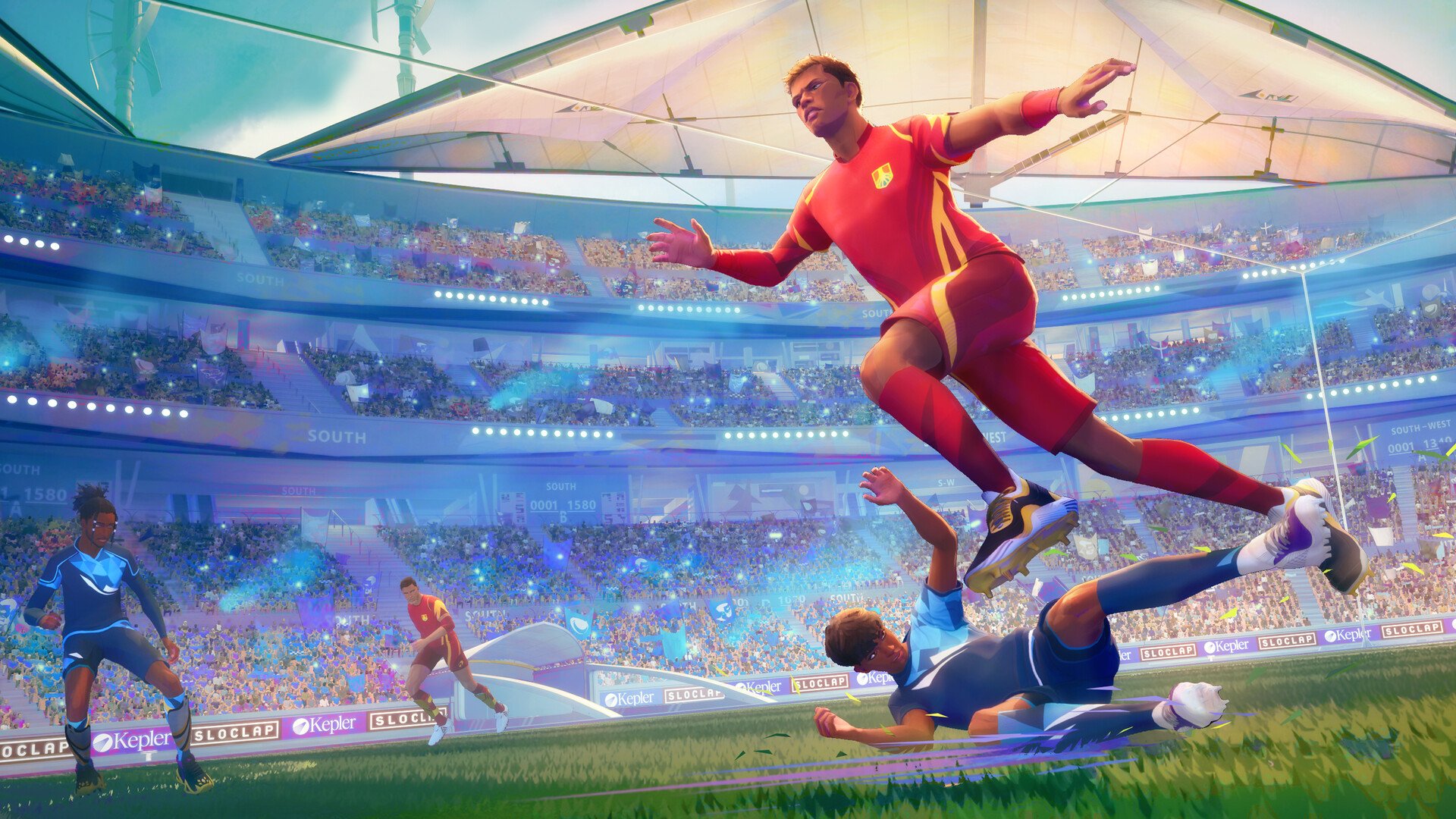 Soccer players trample over each other.