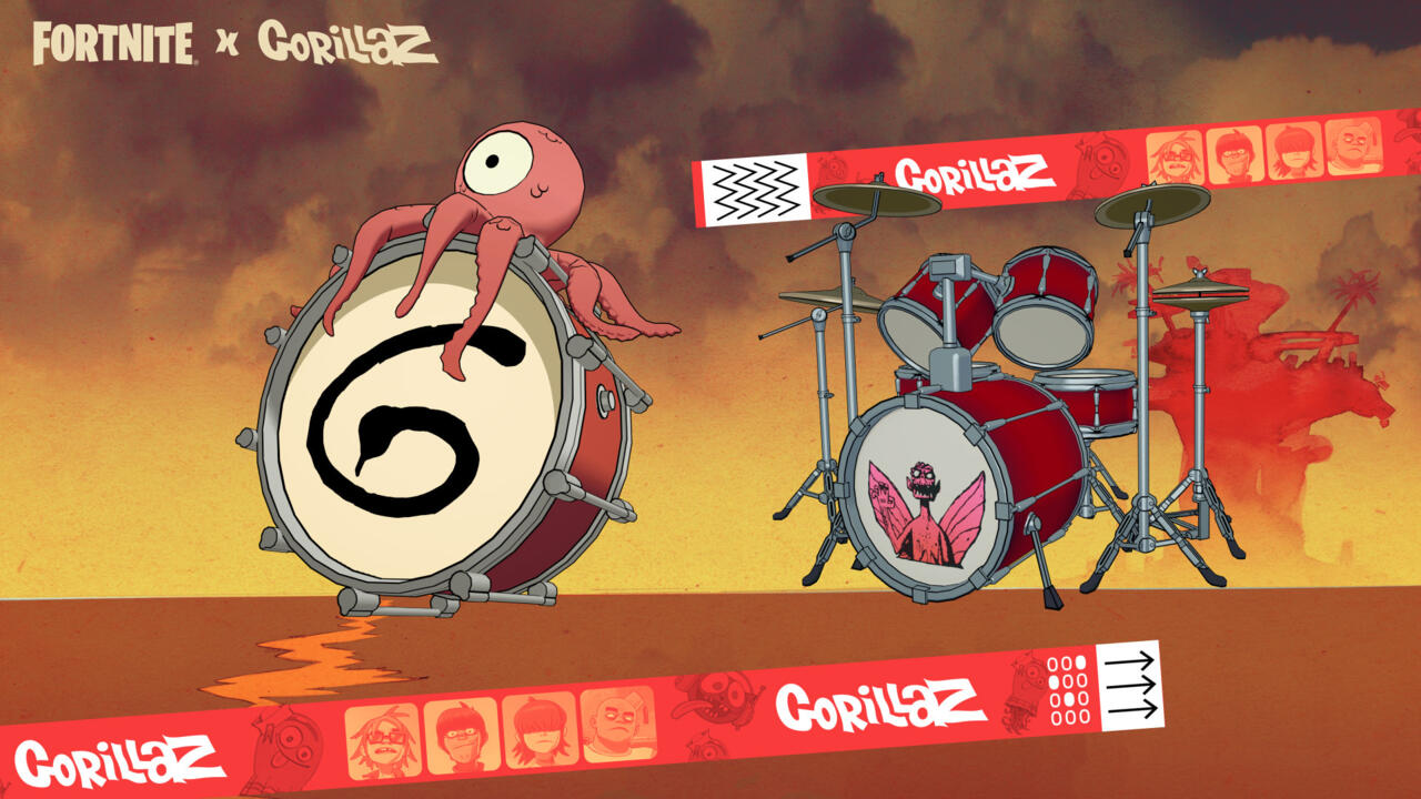 Russel's set of music pass cosmetics includes this back bling and drum kit.
