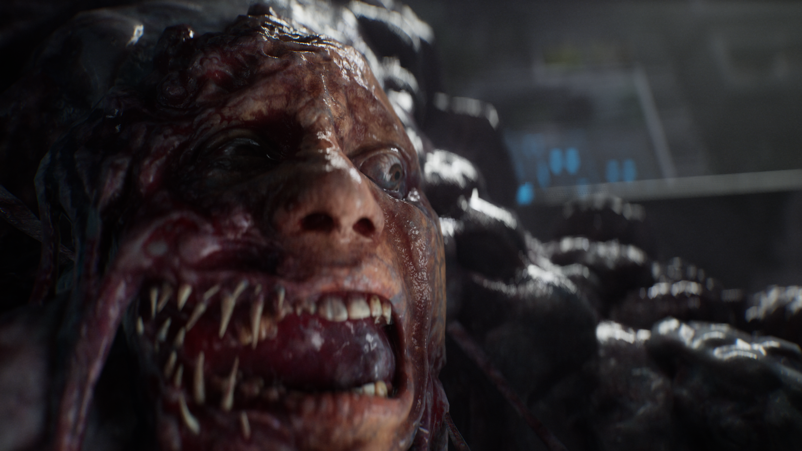 A man screams as his face turns into fleshy mounds and sharp teeth