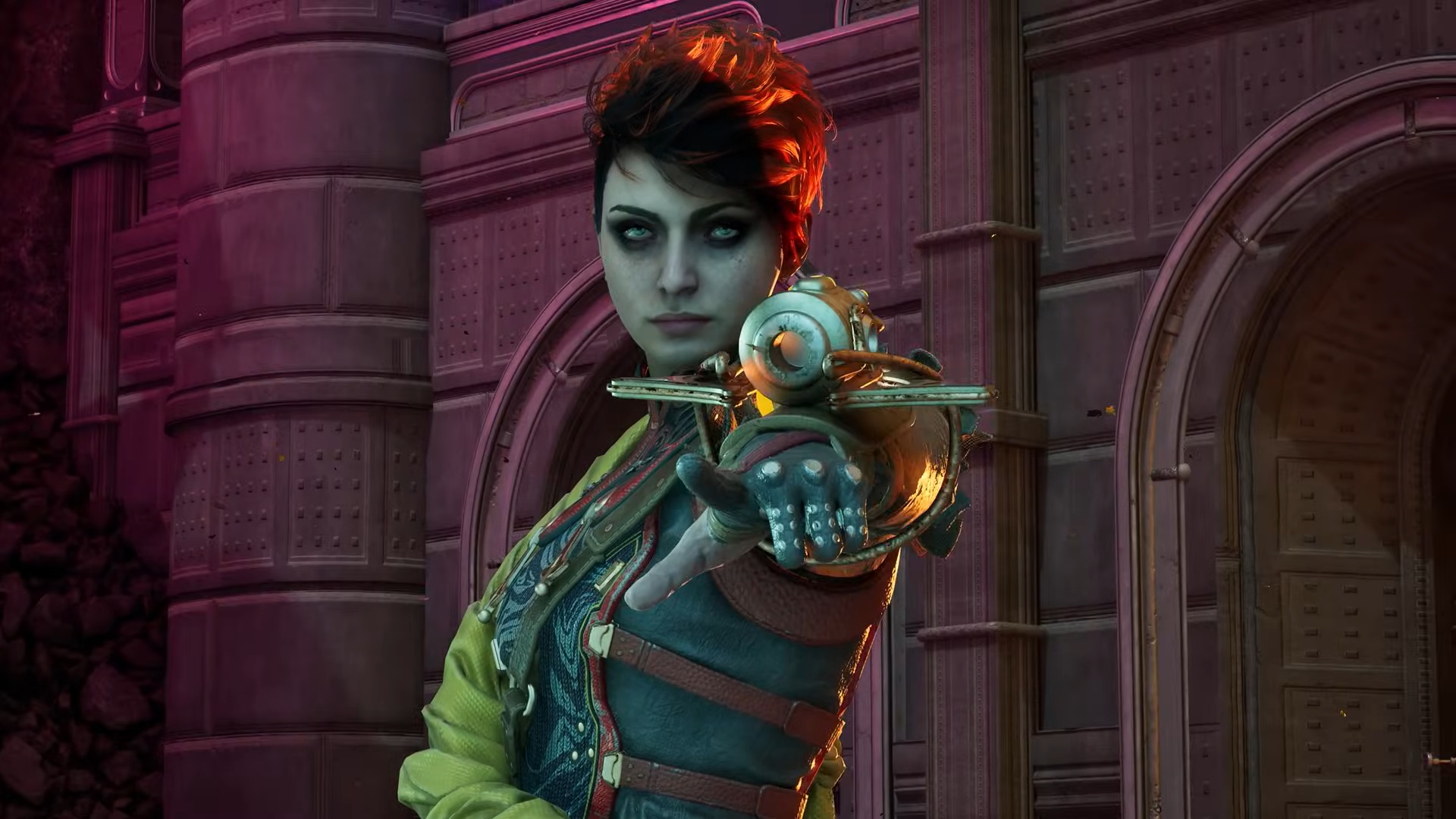 The Outer Worlds 2 screenshot of companion Aza who points a weapon that's mounted on her lower arm