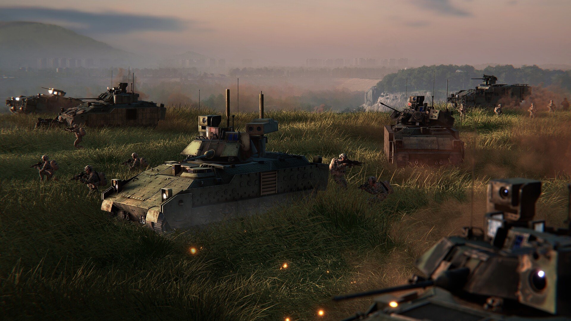 Armored vehicles and infantry in a combined assault in Broken Arrow.
