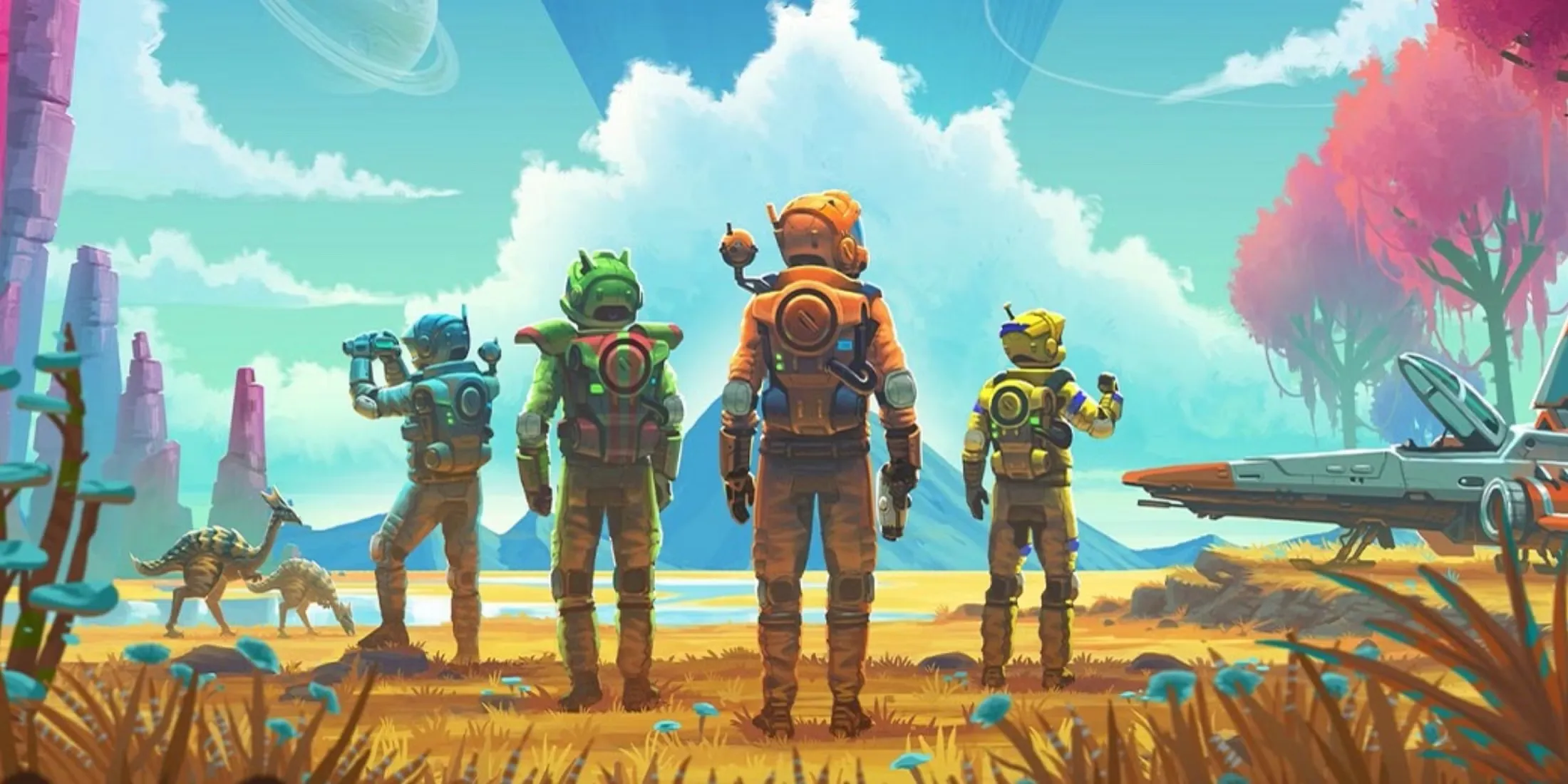 No Mans Sky Four Characters On Grass Planet