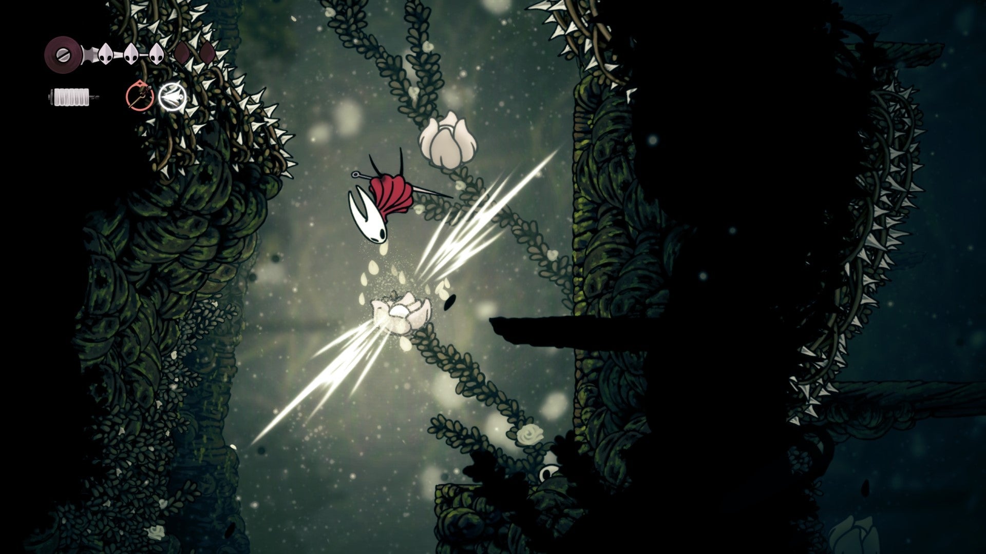 Hornet pogos off a large flower in Hollow Knight: Silksong.