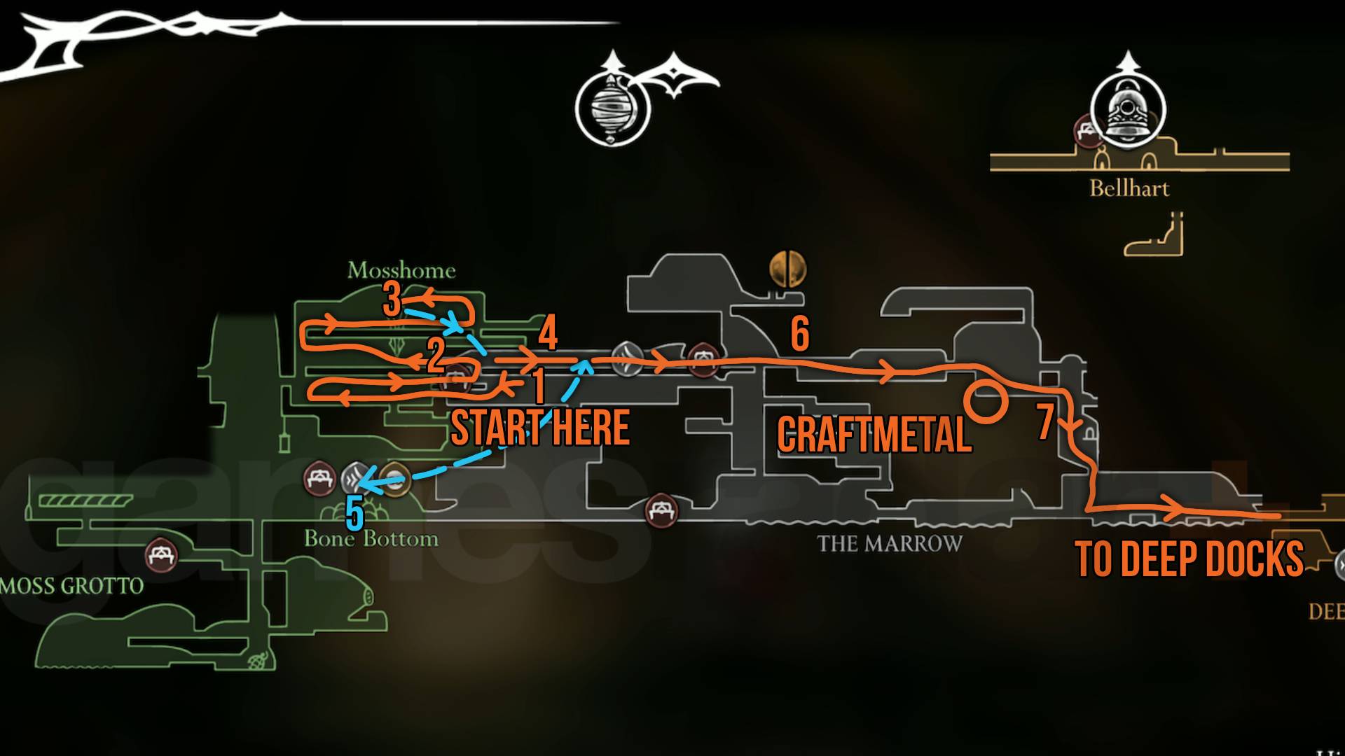 Hollow Knight Silksong Mosshome and The Marrow map