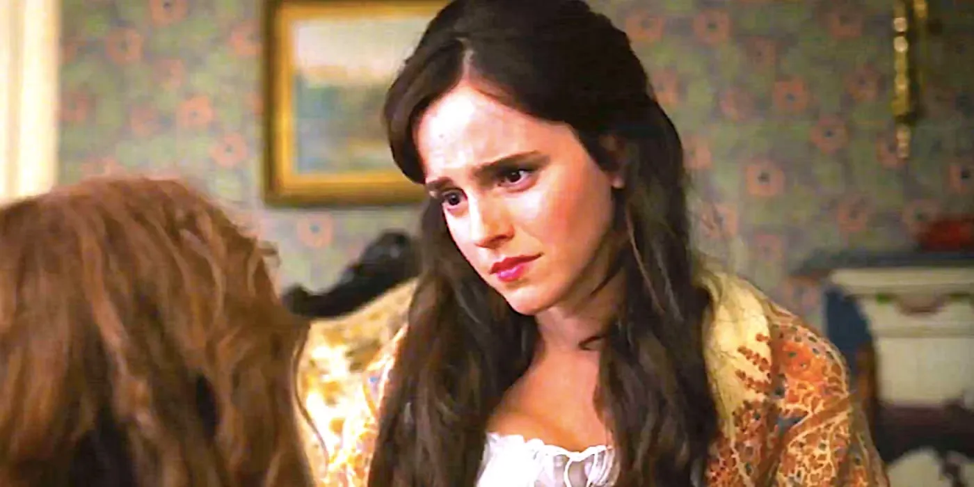 Emma Watson S Meg Looking Concerned Sitting On A Bed In Little Women 2019