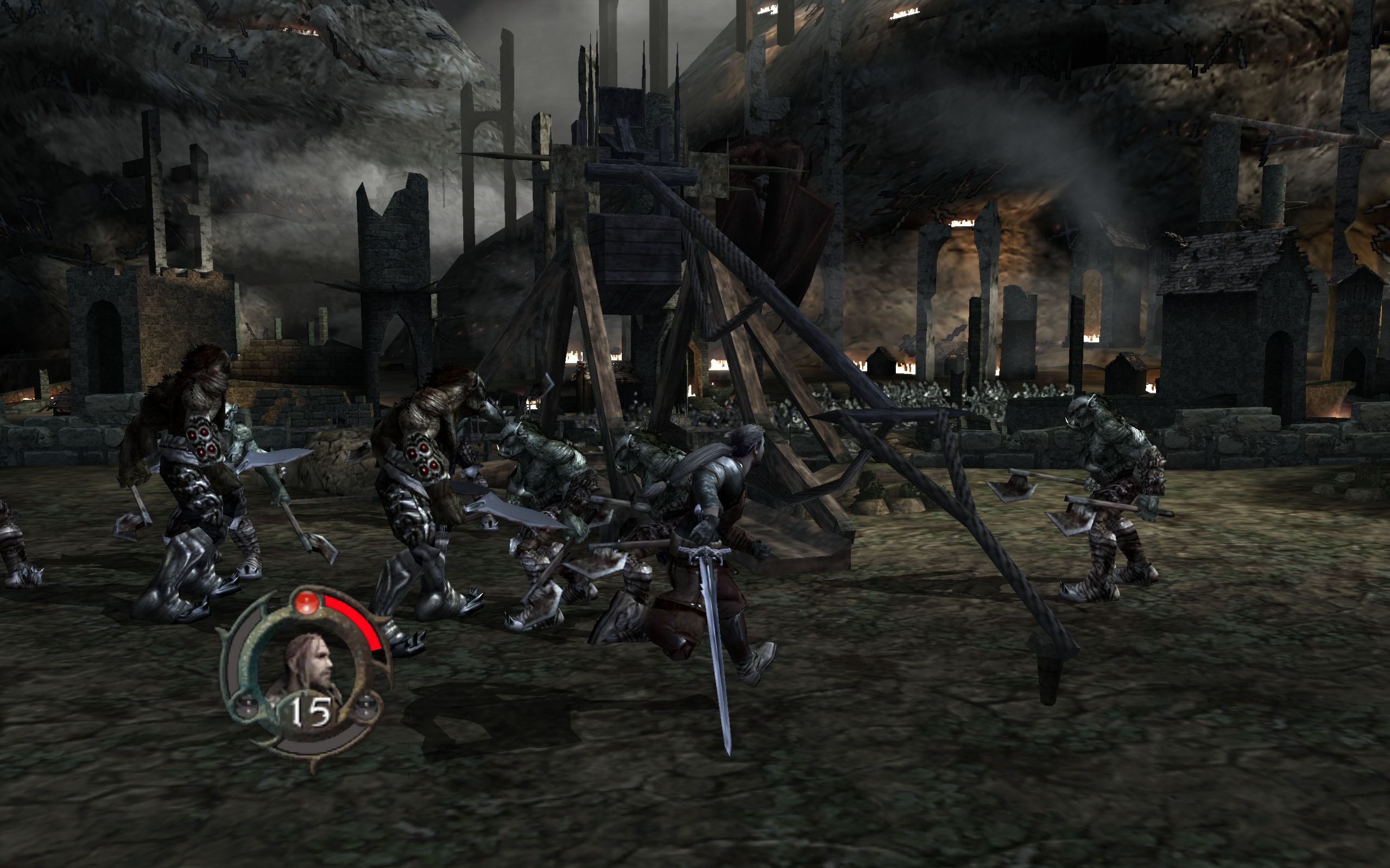 A fighter with a sword attacks an orc war machine