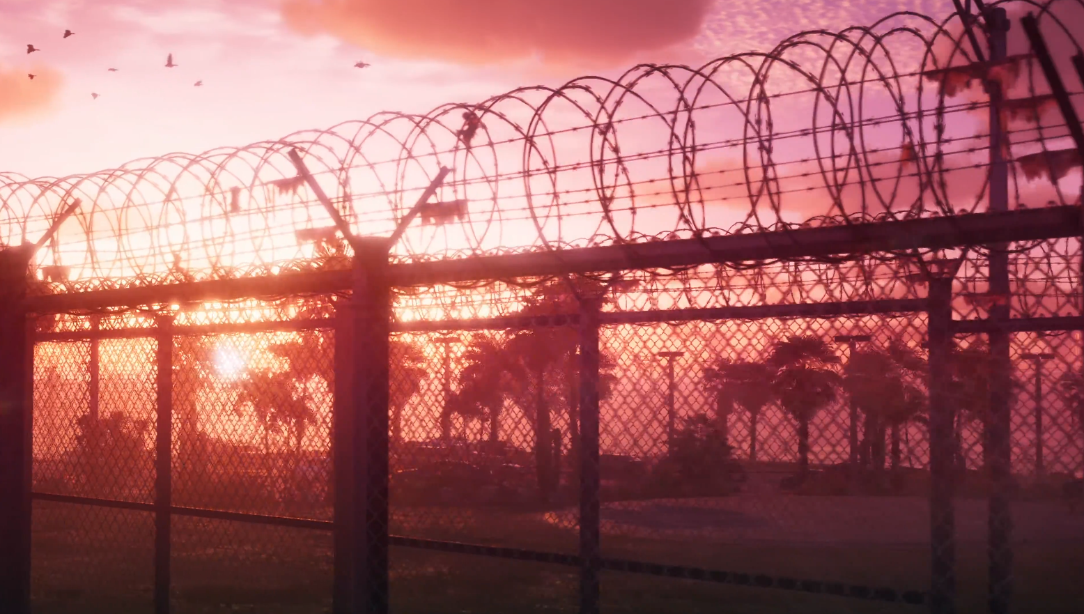 And right in the middle we can see the guard towers of a penitentiary. Cut to the next shot and we see its barbed wire-topped fencing. This seems to be the prison in which Lucia, our protagonist, has been locked up. As she looks outside the window, we can see the guard towers that stood out in the opening shot.