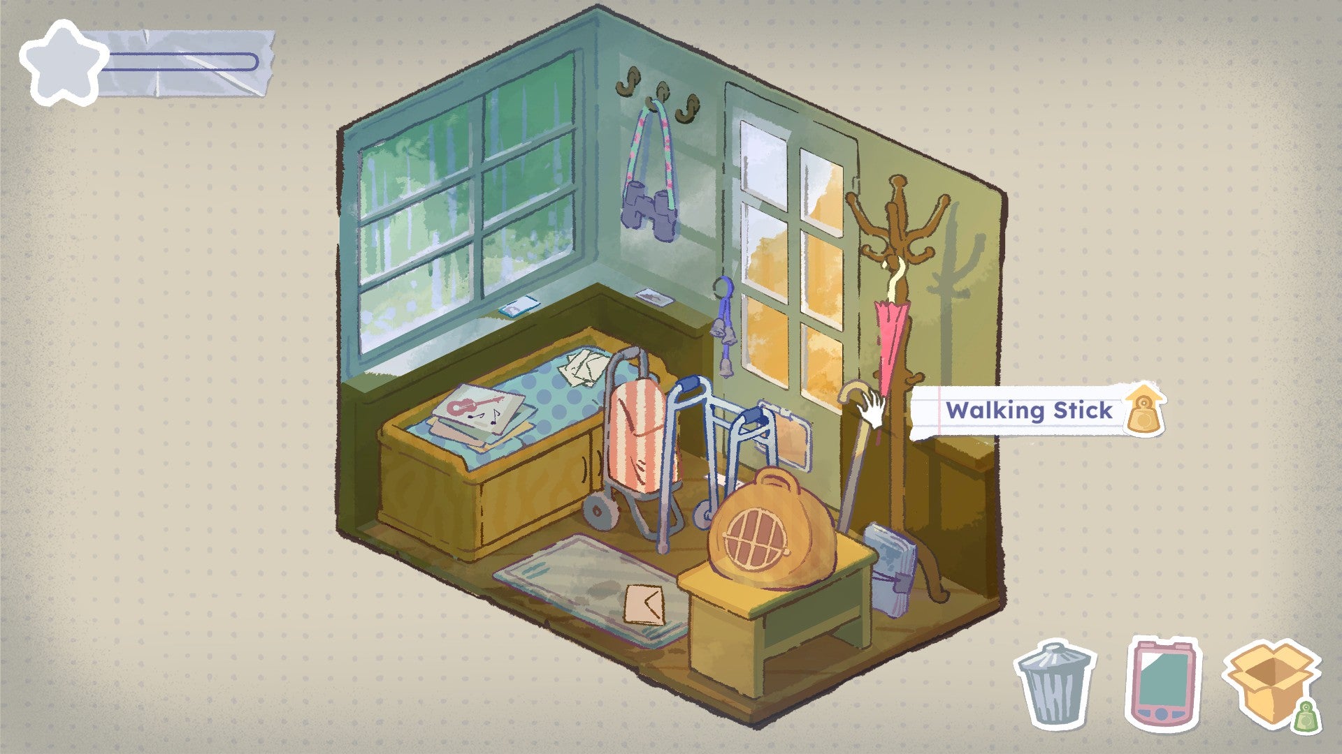A small entrance hallway full of household items in A Storied Life: Tabitha.